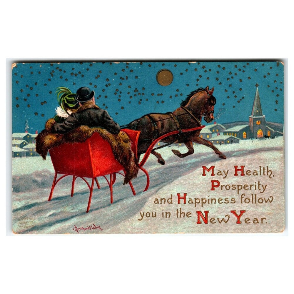Bernhardt Wall New Year Sleigh Ride Postcard Couple Horse Snow Village Ohio